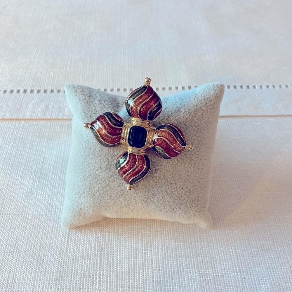 Joan Rivers Vintage Signed Russian Onion Domed Enamel Crystal Cross Brooch
